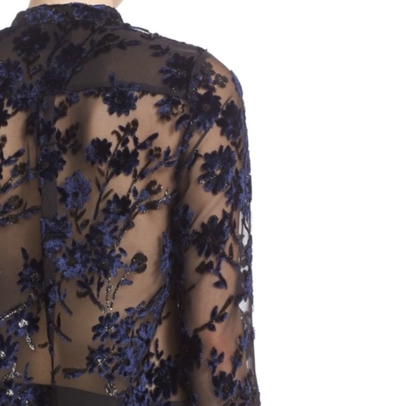 ALICE+OLIVIA Belle Metallic Sheer Velvet Embroidered Chiffon Tops, Navy Black, S - Picture 3 of 4